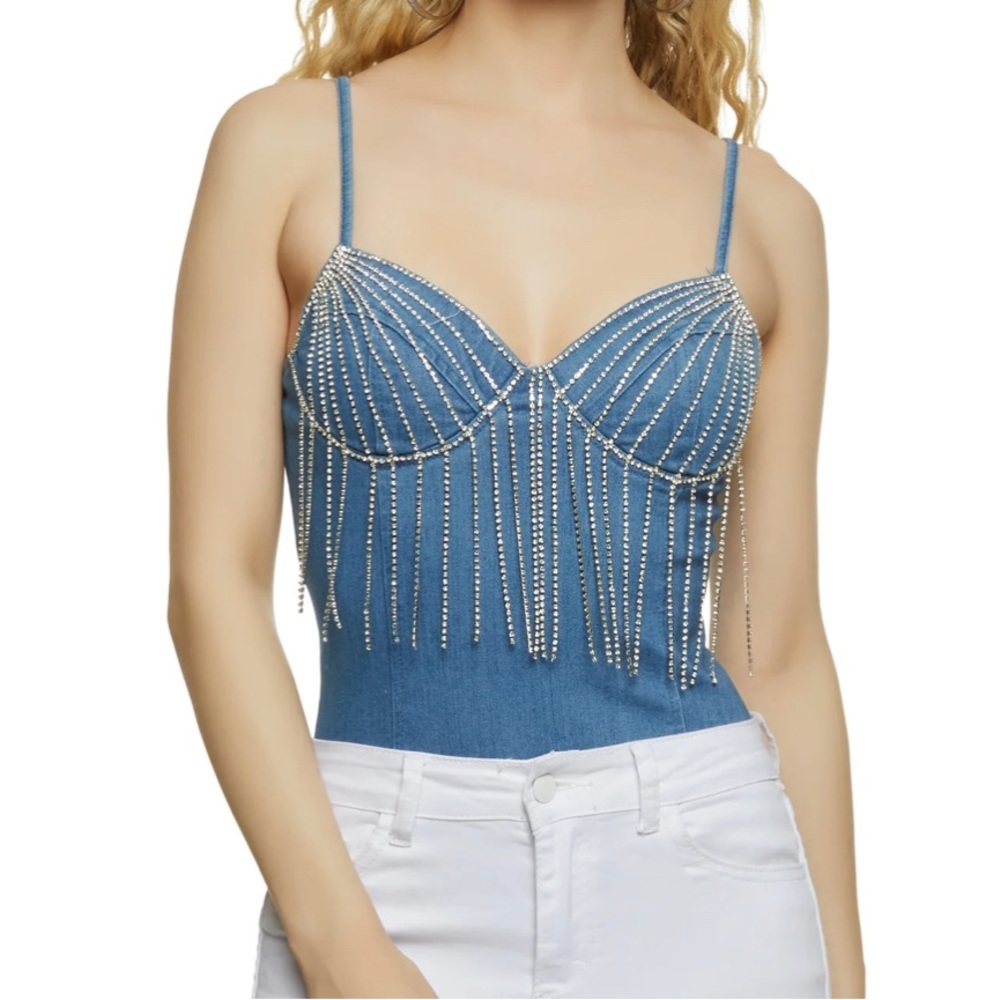Beautiful denim rhinestone bodysuit